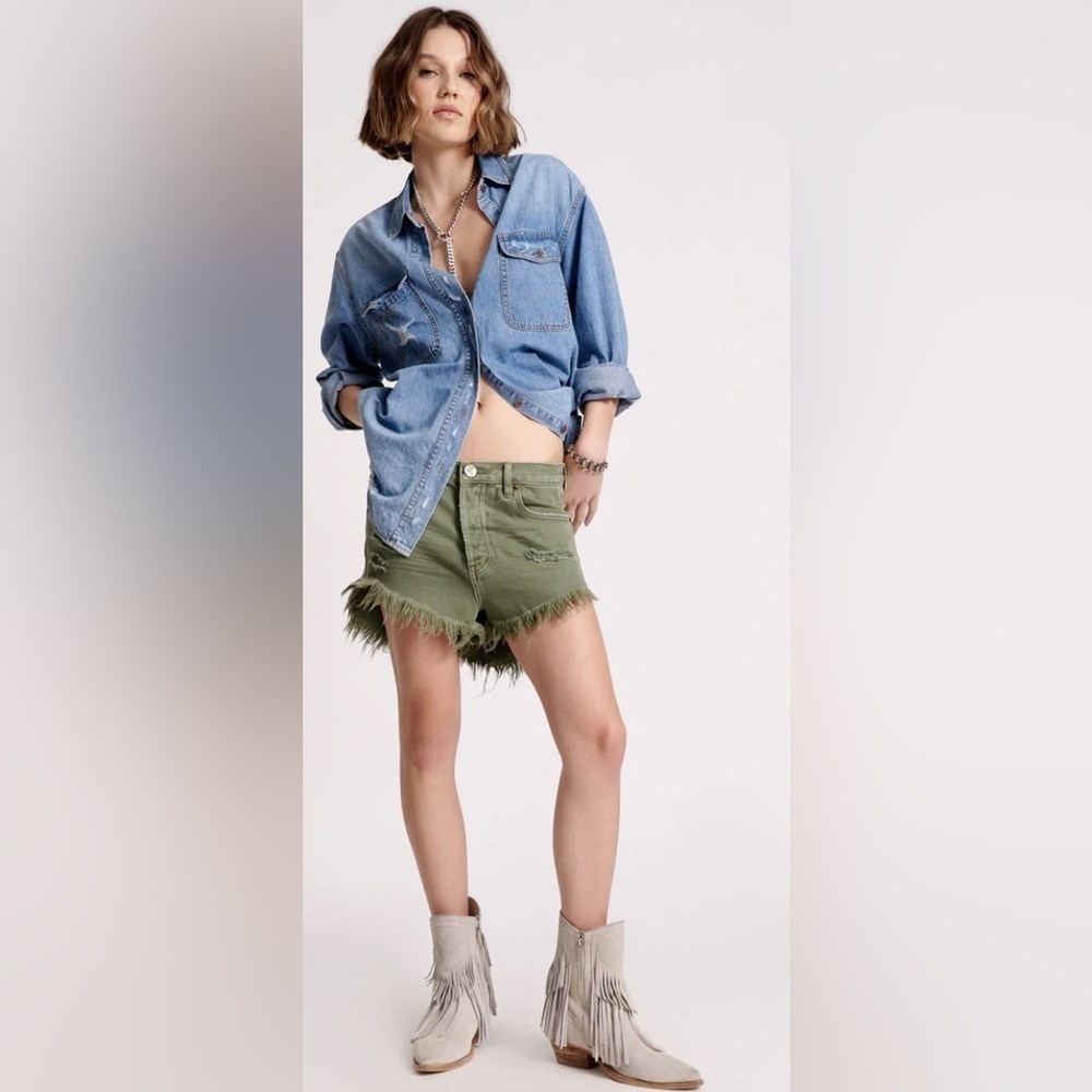 One teaspoon Outlaws Low Waist Mid Length Denim Shorts - Military Khaki 24/US 2